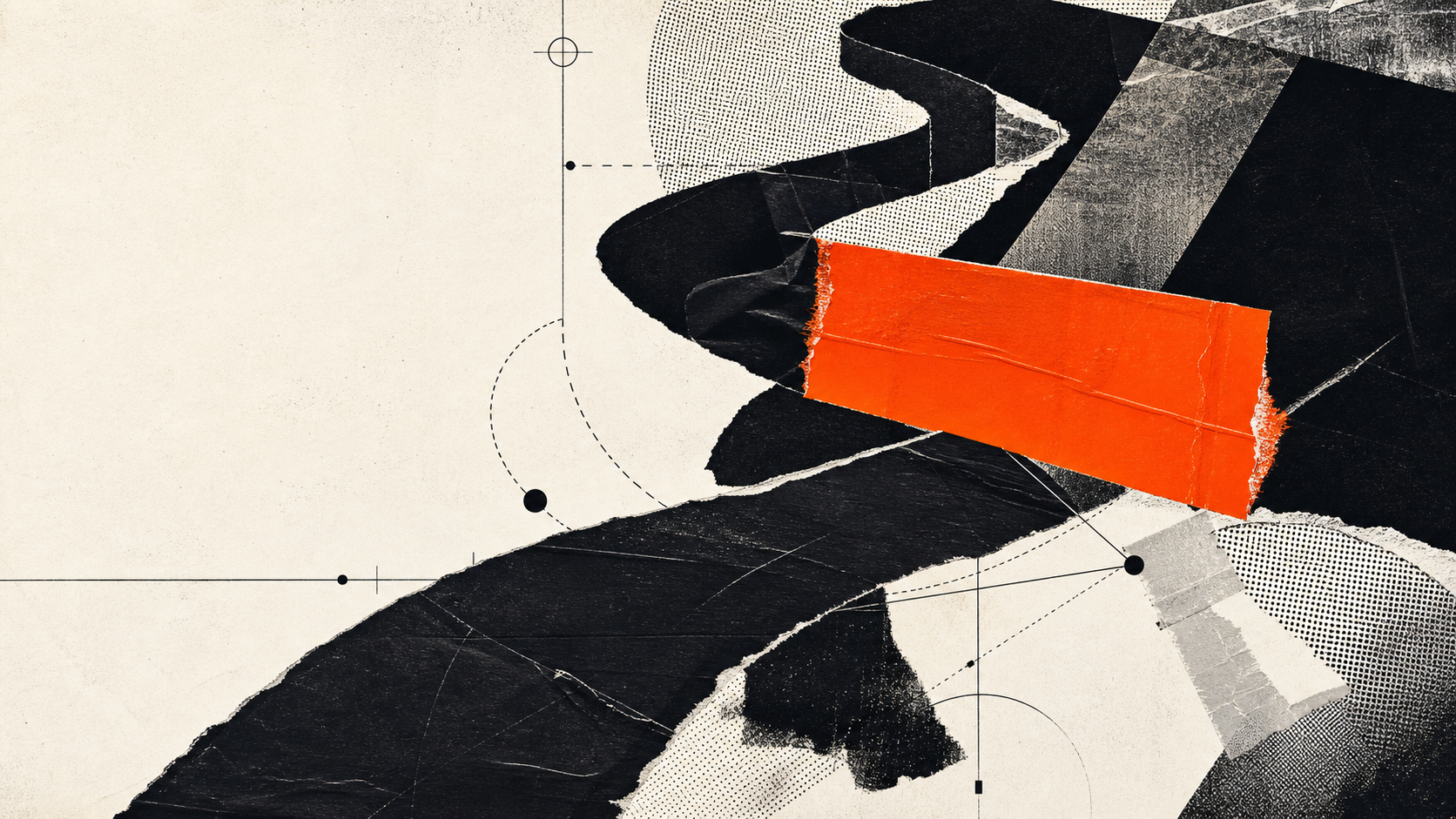 Collage éditorial noir, blanc et orange évoquant la circulation des messages entre médias payants, propriétaires et partenaires.