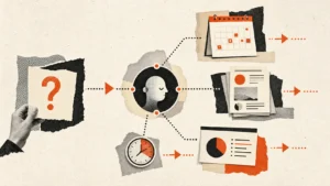 Collage éditorial représentant un assistant IA relié à un calendrier, des documents, une horloge et une présentation.